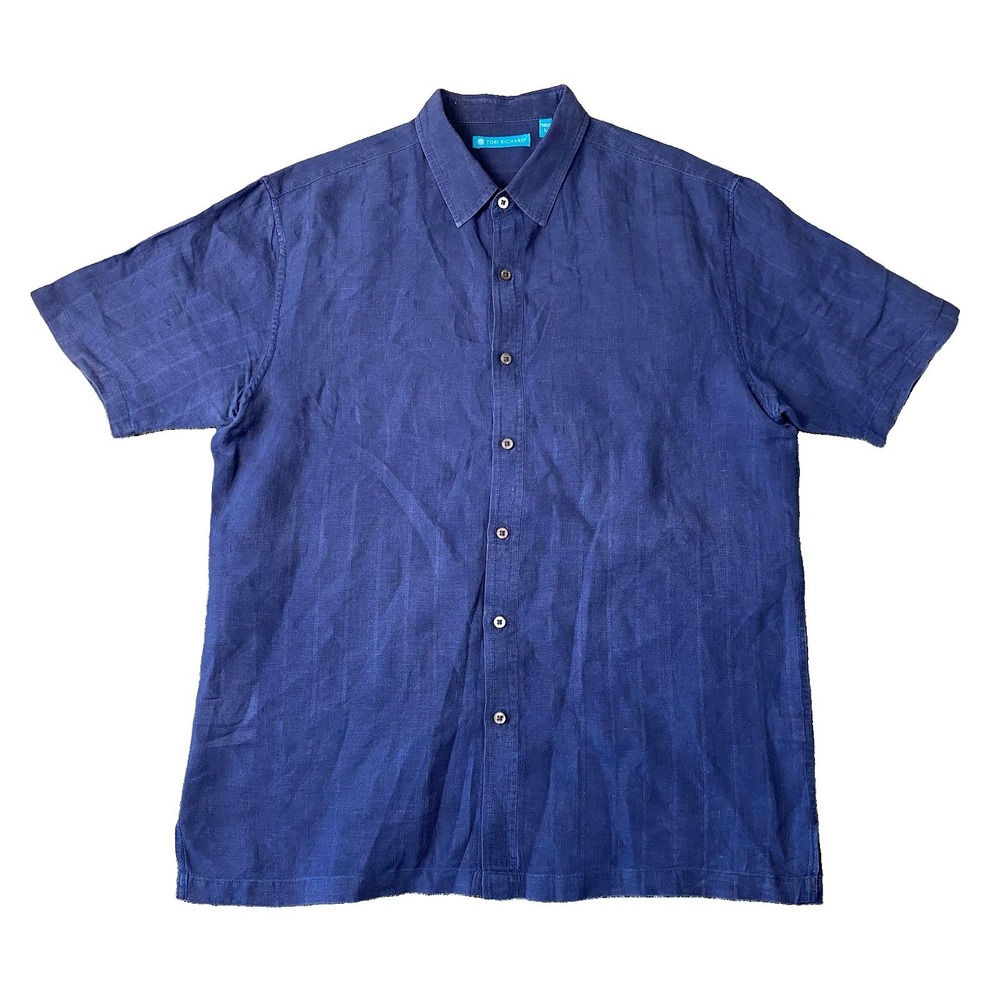 Tori Richard Mens Large 100% Linen Button Up Shirt Blue Tropical Resort Camp